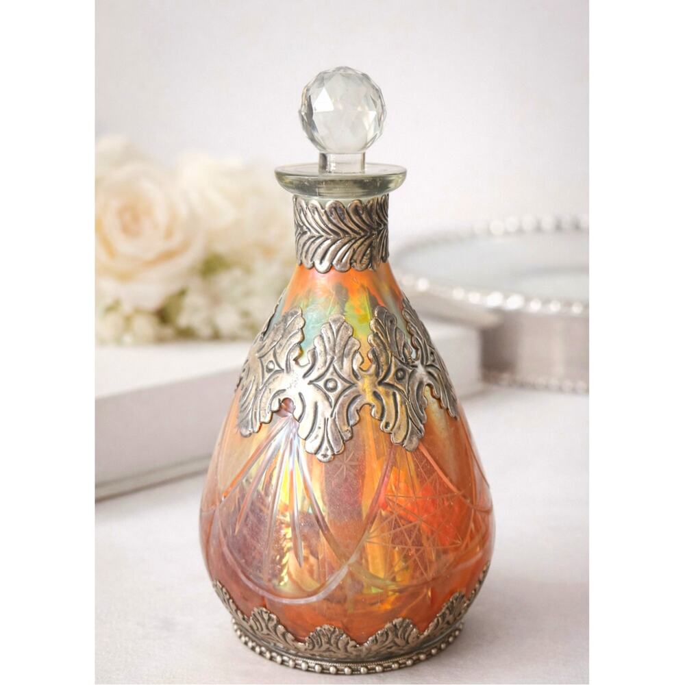 Vintage Iridescent Glass Decanter Silver Overlay & Crystal Stopper Bohemian EUC!